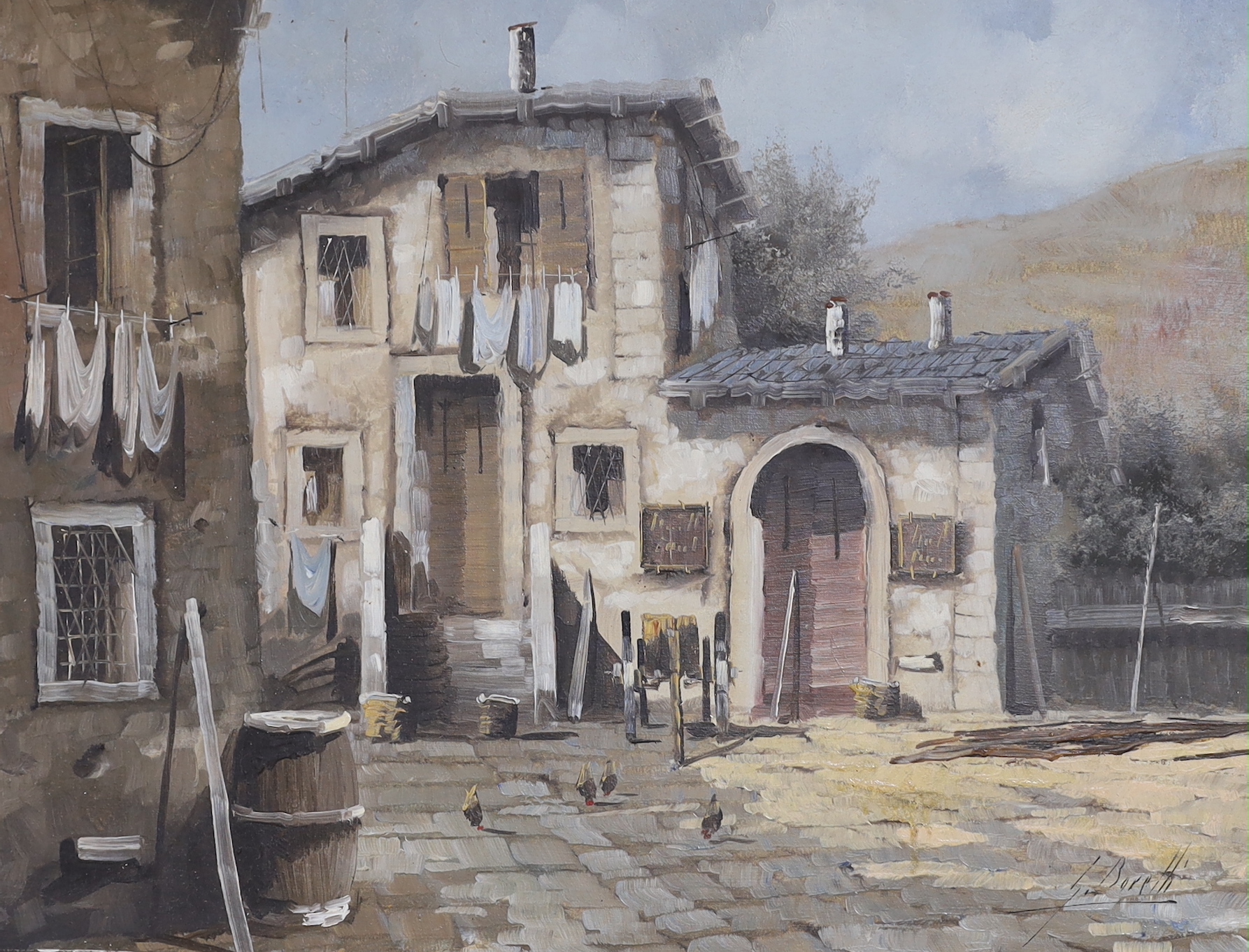 Guido Borelli (Italian b.1952), pair of oils on canvas, Rustic landscapes with villas, each inscribed in Italian verso, 39.5 x 29.5cm